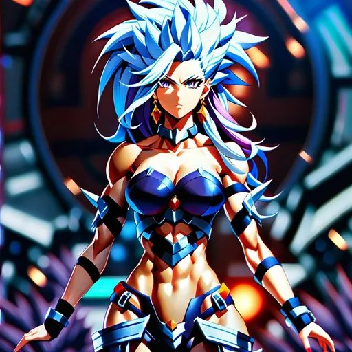 Prompt: Anime 4k UHD of a solo, muscular female with perfect autonomy body shape, slim muscular tone, long wavy hair in blue and pink, spiked hair, looking at viewer, midriff, abs, blue eyes, detailed earrings and jewelry, full body view, intense gaze, long wavy hair, bright and vibrant colors, detailed facial features, professional artwork, anime style, vibrant color palette, detailed eyes