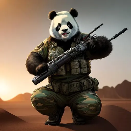 Prompt: Panda dressed in soldier clothes, Panda body, Roaring, dramatic lighting, 8k, portrait,realistic, fine details, photorealism, cinematic ,intricate details, cinematic lighting, photo realistic 8k, desert, cactus.