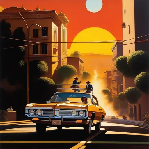 Prompt: 1970s, Mexico City, car chase, sunny weather, warm atmosphere, cartoony style, extremely detailed painting by Greg Rutkowski and by Henry Justice Ford and by Steve Henderson