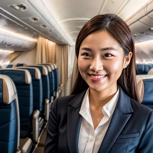 Prompt: realistic flight attendant in Korean airlines with smile on her face inside airplane