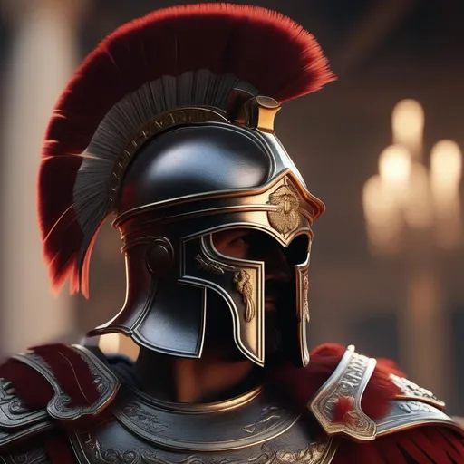 Prompt: Roman centurion with a metal faced mask helmet and plume military Highly Detailed, Hyperrealistic, sharp focus, Professional, UHD, HDR, 8K, Render, electronic, dramatic, vivid, pressure, stress, nervous vibe, loud, tension, traumatic, dark, cataclysmic, violent, fighting, Epic, 



