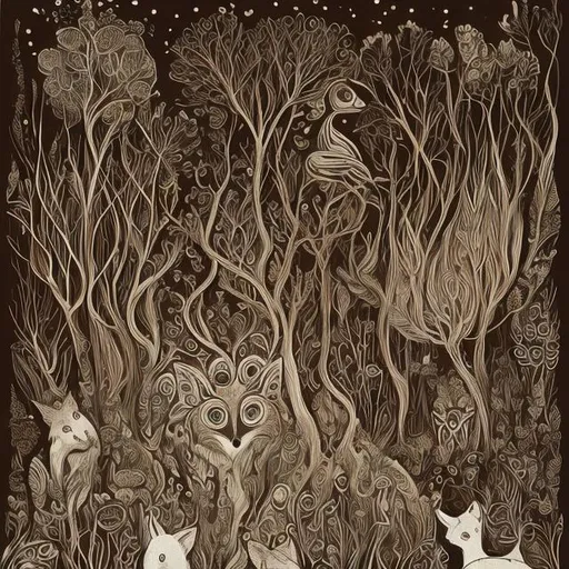 Prompt: Create an illustration for a black t-shirt in the "Boho infant" style. The design should depict an enchanted forest inhabited by magical animals, such as foxes, owls, and deer. Use rich and earthy colors, such as deep shades of orange, green, and brown. Draw inspiration from Dinara Mirtalipova's works to achieve a folkloric and marvelous style. Ensure that the design is mysterious and sparks children's imagination.