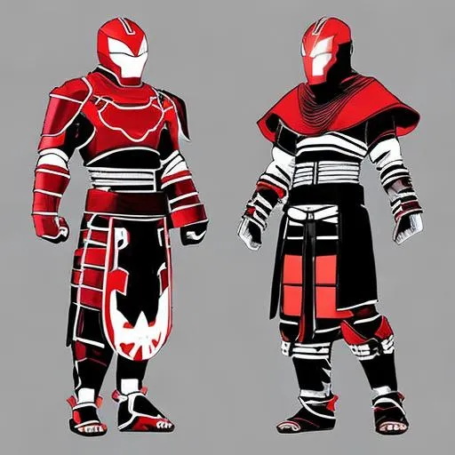 Prompt: Masashi Kishimoto, Mikio Ikemoto art style bright red and white ninja samurai iron man ninja art Naruto style samurai armor kuns mask iron ninja by Masashi Kishimoto, Mikio Ikemoto