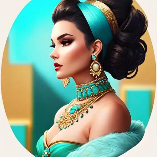 Prompt: An extremely gorgeous woman,  with dark hair in top knots, turquoise and gold jewels