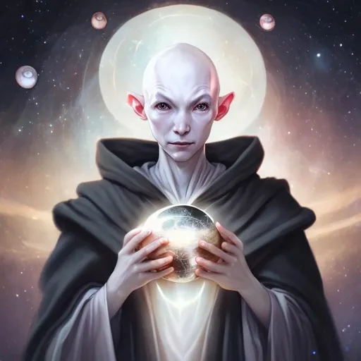 Prompt: androgynous, benevolent, innocent, ALIEN wizard femme, pearl skin, bald, soft expression, black eyes, holding an orb, wearing cloak, surrounded by outer space