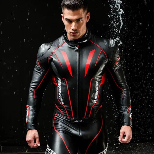 muscular man, wet black and red leather racer suit, | OpenArt