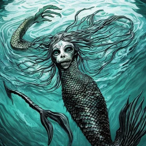 Prompt: Horrifying mermaid in dark waters with long limbs disfigured face and is malnourished 