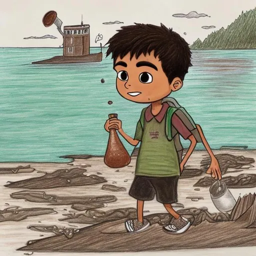 Prompt: drawing 
of a brown boy that pollutes the coastal community he lives in
