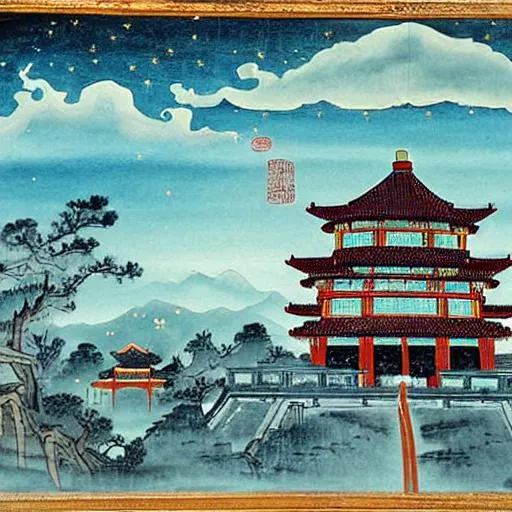 Prompt: fireworks night sky ancient China painting
