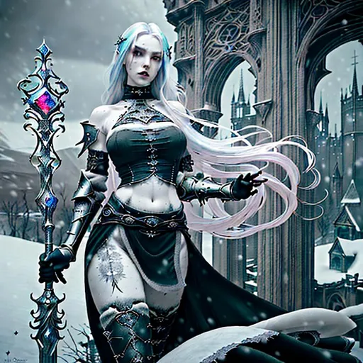 Prompt: Gorgeous perfectly detailed facial features, long legs, sumptuous hyper detailed perfect body, ultra pale, visible midriff, random pose, gothic fantasy, gloomy random dystopian top of the world landscape, heavy snow, female gothic mage with a Sceptre, 

wearing a weathered old period appropriate armor made of filigree, flowing random colored hair, random length hair, porcelain face, large reflective red eyes, fierce agonizing look, 

Splashart, wandering magical lights, surreal, symmetrical intricate details, hyper detailed perfect studio lighting, perfect shading, 

Professional Photo Realistic Image, RAW, artstation, splash style dark fractal paint, contour, hyper detailed, intricately detailed, unreal engine, fantastical, intricate detail, steam screen, complimentary colors, fantasy concept art, 64k resolution, deviantart masterpiece, splash arts, ultra details, Ultra realistic, hi res, UHD, complete 3D rendering.