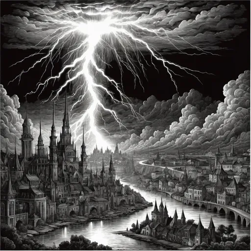 Prompt: tapestry of lightning storm over fantasy city impressive fantasy landscape, beautiful line art, pure b & w, etching illustration, square sticker, masterpiece