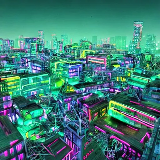 Prompt: Neon Colored view of dystopian city with futuristic qualities. 