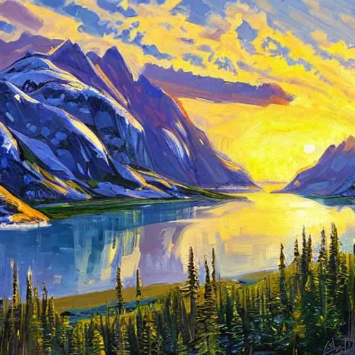 Prompt: A cartoon style alaska landscape with in the style of Peder Mork Monsted