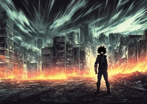 Prompt: Long exposure. post-apocalyptic background with nuclear blast. anime. Vigilante deku