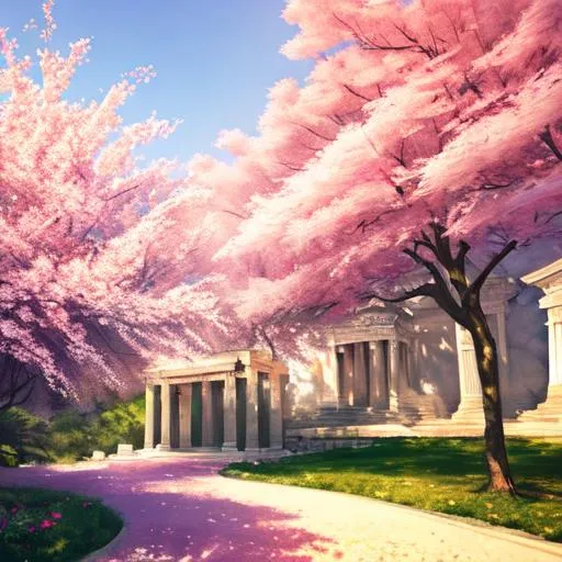 Prompt: A summer sakura tree and a temple illustrationen 