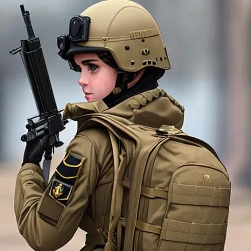 Prompt: emma watson, military soldier, infantry, brown uniform, special forces, tactical, tan hijab, heavy ruck sack, comms, scifi


