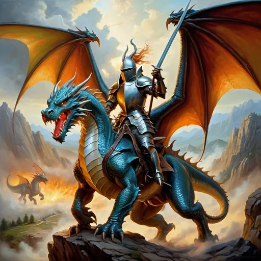 Prompt: opposing dragon armies in arial combat, knights mounted on dragons in armor with spears , fierce expressions, mythical landscapes, high fantasy, Dragon riders, Chivalric Knights, in realistic oil painting, flying through the sky in combat, majestic dragons  mythical landscapes, high fantasy, oil painting, vibrant colors, epic scale, detailed armor, stunning face, atmospheric lighting, professional, highres, fantasy, oil painting, ethereal, fierce expression, varied colors, high fantasy