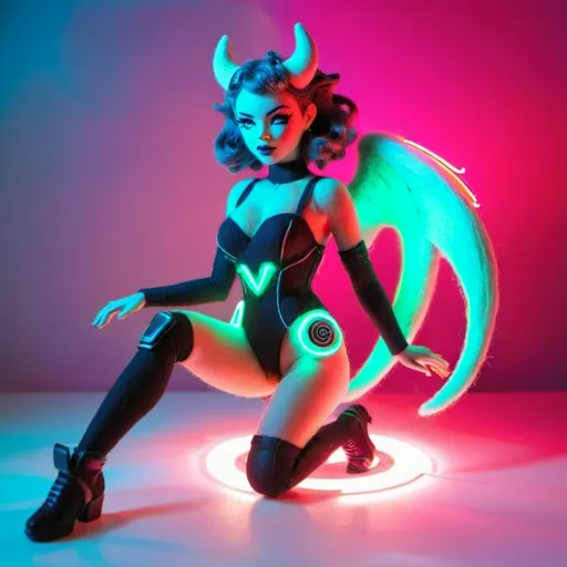 Prompt: a beautiful female demon in a dynamic pose in a retro futuristic synthwave cyberpunk neon paradise.  neon lighting, high quality, beautiful, synthwave, cyber, retro, futuristic