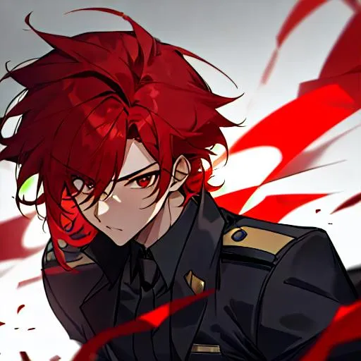 Prompt: Zerif 1male as a male police officer (Red side-swept hair covering his right eye)UHD, 8K, Highly detailed, insane detail, best quality, high quality, wearing a male police uniform, anime style