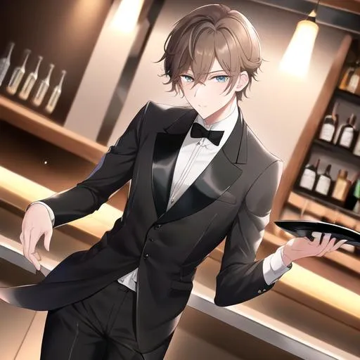 Prompt: Alex 1male. Short light brown hair. Soft and mesmerizing light grey eyes. Wearing a sleek black button-up shirt, paired with tailored black pants and shiny leather shoes. He completes the look with a stylish black vest and a classic black bow tie. UHD, 8K, standing behind a bar counter serving drinks