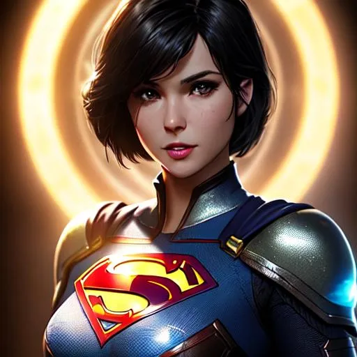 Prompt: "gorgeous female Kryptonian, Lara Lane-Kent daughter of superman and Lois lane, short black hair, Supergirl armour, big  attractive Detailed Render eyecandy Breathtaking 8k Greg Rutkowski Artgerm WLOP Alphonse Mucha dynamic lighting hyperdetailed intricately, volumetric lighting, unreal engine 5, insane detail, ultra realistic, frostbite 3 engine, cryengine, 