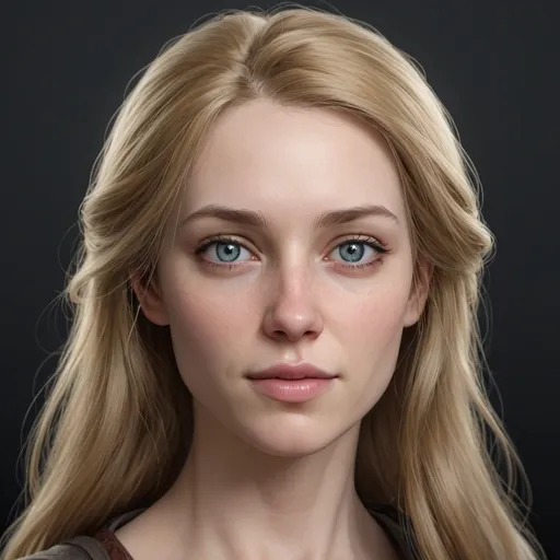 Prompt: hyper-realistic 30 year old human female, she has bluish grey eyes, She has a long face, she has pale skin, she is plain looking, she has dark golden blonde hair, her hair is medium length and straight, she has a slightly upturned nose, fantasy character art, illustration, dnd,