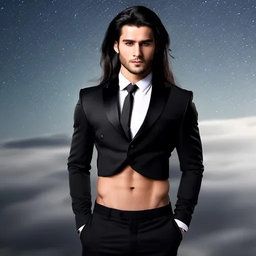 Prompt: a gorgeous photo of an attractive long-haired 22-years old man with a six pack abs wearing a crop top black long sleeve business suit with a black necktie and black business suit pants, he also has a bare midriff and a bare navel, he is looking at the sky with his hands on his hips, stunned, 2k, ((best quality)), hdr, ((highly detailed)), (sideview), ((vibrant))