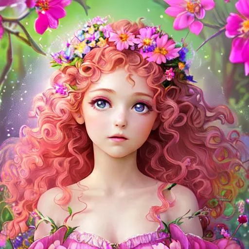 Prompt: a youngfairy goddess of spring, very curlsy hair, pink glow on cheeks,wildflowers, vivid colors, closeup