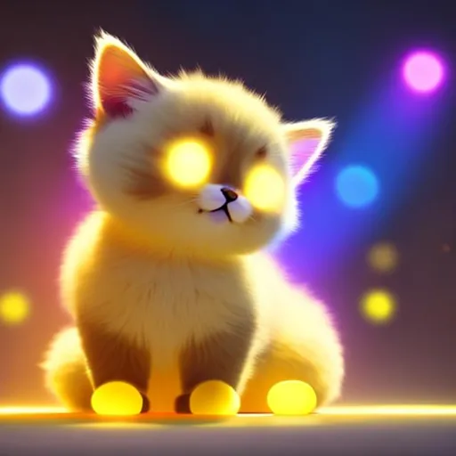 Prompt: Cute, yellow, light fur, cat made of light, possessing the element of light and making large floating circles of lights move around in the air in a magical way. Perfect features, extremely detailed, realistic, complimentary colors, yellow wispy aura in background, realistic cat