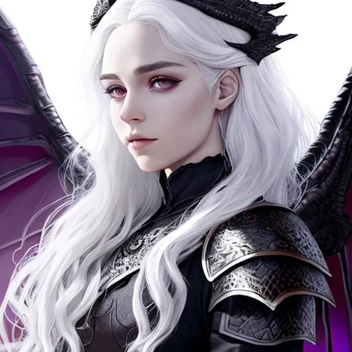 Prompt: Targaryen, Valeryen, androgynous man,  UHD, 64k, sharp focus, beautiful, white hair, purple eyes, intricate details, full red body armor, angelic face, dragon armor, black dragon wings, amazing black crown on head