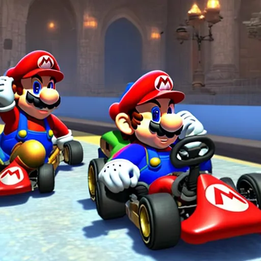 Prompt: Mario kart and bibi Netanyahu in Jerusalem
