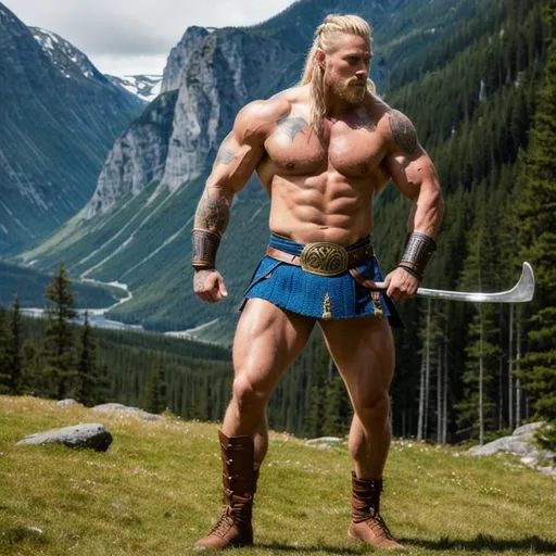 Prompt: landscape, UHD, 8K, highly detailed, panned out view of the character, visible full body, a super muscular blonde Viking with braids and tattoos in a fighting stance, 
