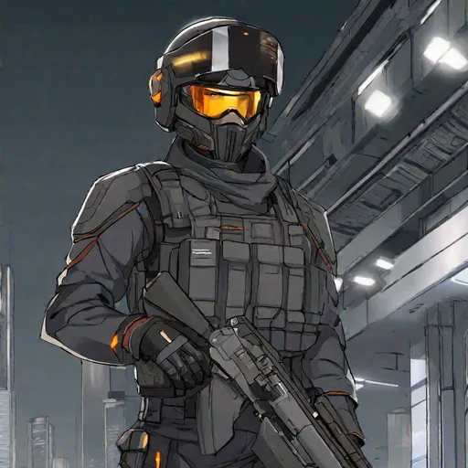 Prompt: Whole body. Full figure. A Venezualean male soldier in scifi 20th century battle uniform. He has an helmet with a scifi visor covering his face. Dark grey uniform. uniform with black details. In background a scifi Spanish city. Anime art. Rpg. Anime style. Akira art. 2d art 2d. Well draw face. Detailed. 