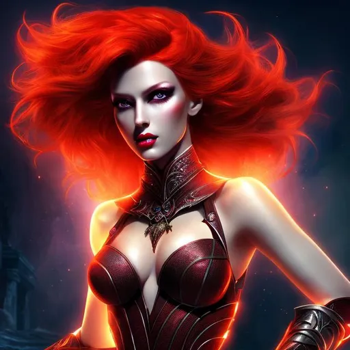 Prompt: HD 4k 3D 8k professional modeling photo hyper realistic beautiful evil demon woman ethereal greek goddess of pride
bright red hair feminine horns dark eyes gorgeous face pale skin dark bejeweled armor red wings full body surrounded by magical glow hd landscape background climbing mountain in the underworld