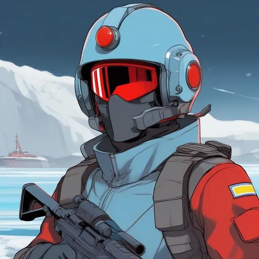 Prompt: From distance. Whole body. Full figure. A Swedish scifi soldier in 20th century uniform. He wears a Swedish helmet on the head. a visor on the eyes. Light Blue uniform. Red details. He wields a rifle. In background a winter sea. Anime art. Rpg. Anime style. Akira art. 2d art. 2d. Well draw face. Detailed. Whole figure. Full body. 