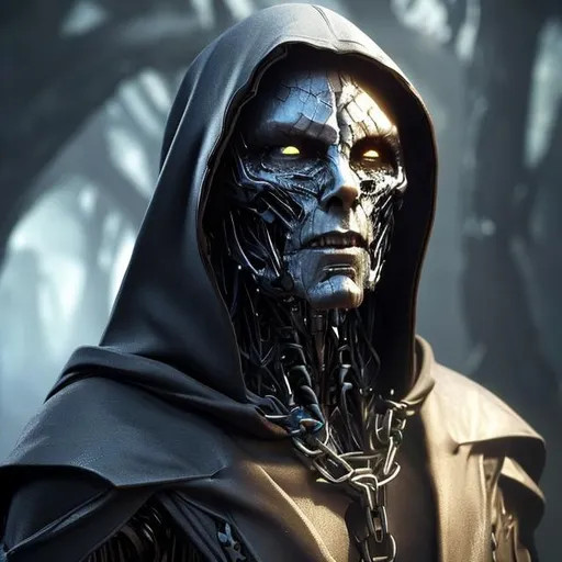 Prompt: A Human with a Hood/Cloak looking at the camera, background is shady and only the face is visible, futuristic and you can see his armor under the cloak, he is muscular and has a chain with a gem around his neck, you can see a human neck
his face clearly has humanoid features, half of his face is flesh the other is robotic but has humanoid features
