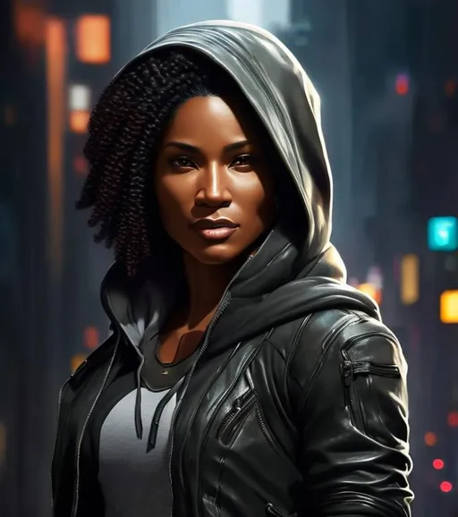 Prompt: Madre, the XXI. 20th century female assassin. African-American 32-year-old, athletic, educated. Body-fitting clothes, weapons. Hoodie and scarf. Head and shoulders portrait, 8k resolution concept art portrait by Greg Rutkowski, Artgerm, WLOP, Alphonse Mucha dynamic lighting hyperdetailed intricately detailed Splash art trending on Artstation triadic colors Unreal Engine 5 volumetric lighting