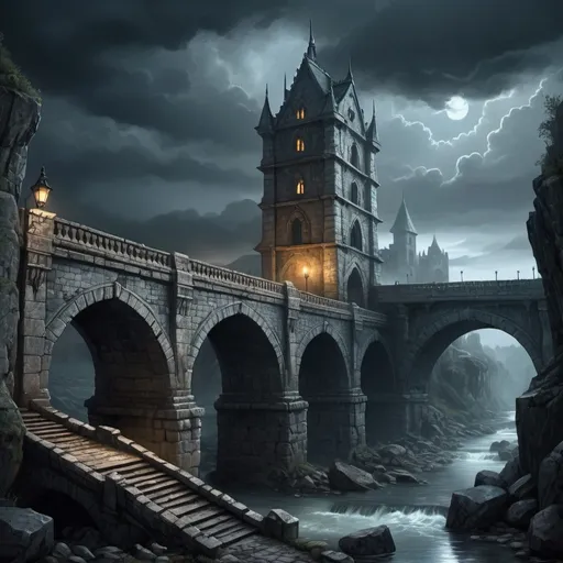 Prompt: Warhammer fantasy RPG style illustration of a grand bridge over River Reik in night, medieval fantasy setting, colossal stone architecture, detailed weathered stonework with intricate carvings, wet stones, after rain, ominous atmosphere, looming dark clouds, dramatic lighting, foggy mist, high quality, detailed illustration, medieval fantasy, high definition, epic scale, ominous atmosphere, dramatic lighting