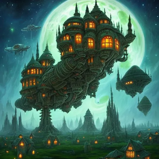 Prompt: fantasy art style, outer space, cosmic, floating house, large house, green house, green windows, green lights, house on stilts, floating house, plane, planes, blimp, flying, floating, drone, spacecraft, spaceship, tall, giant, tower, towers, wings, engines, fans, aircraft, green boat, warship, naval ship