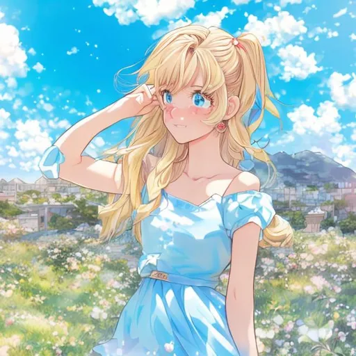 Prompt: A girl with blond hair that shines in the sun, in a sky blue dress in manga style