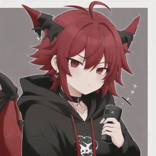 anime character with dragon head and red and black hair