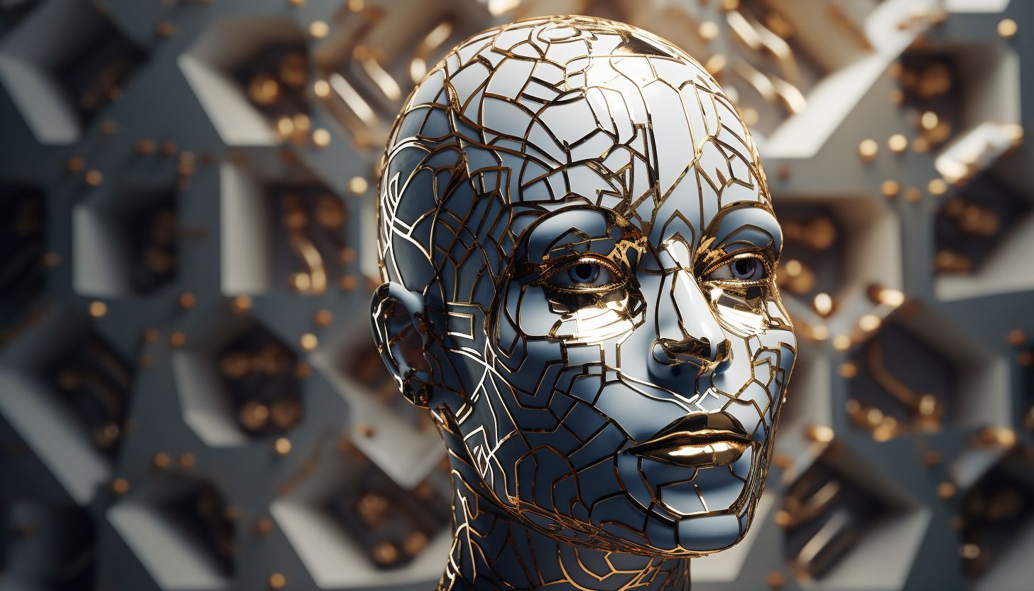 Prompt: image of an alien head in the midst of some kind of pattern of futuristic technology, in the style of silver and bronze, uhd image, afrofuturism-inspired, realistic portrayal of light and shadow, kintsugi, vray tracing, elegant, emotive faces --ar 128:73 --v 5.2