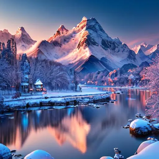 Prompt: China, a highly detailed and professional illustration of a landscape, snow-covered peaks, spring river, lake,

masterpiece photoghrafic real digatal ultra realistic hyperdetailed iridescent reflection, cinematic light, movie volumetric lighting maximalist photo illustration 4k, resolution high res intricately detailed complex, soft focus, realistic, heroic fantasy art, clean art, professional, colorful, rich deep color, concept art, CGI winning award, UHD, HDR, 8K, RPG, UHD render, HDR render, 3D render cinema 4D