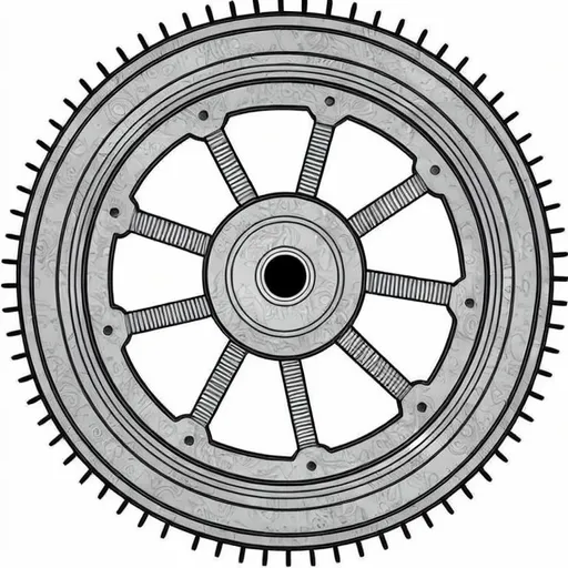 A cast iron flywheel with nine spokes, vector line...