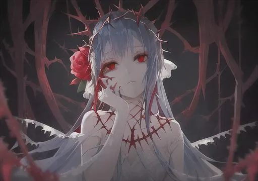 Prompt: beautiful girl, rose, blood, crown of thorns, white dress, red eyes, stems with thorns surrounding her, blue hair, suffering