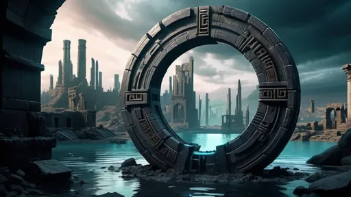 Prompt: magical portal between cities realms worlds kingdoms, circular portal, ring standing on edge, upright ring, freestanding ring, hieroglyphs on ring, broken ring, ruins, crumbling pillars, broken archways, ancient roman architecture, underwater environment, panoramic view, futuristic cyberpunk tech-noir setting