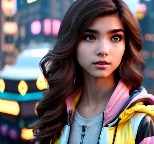 Prompt: Steanpunk girl,perfect italian nose, brown hair, hairstyle to the side, oval face, weight 53kg, height 1.68, 17 years old close-up back view half body, perfect body,  wearing yellow rain jacket and denim shorts in a cyber punk city, hyper realistic details, cinematic lighting, 3d, 8k