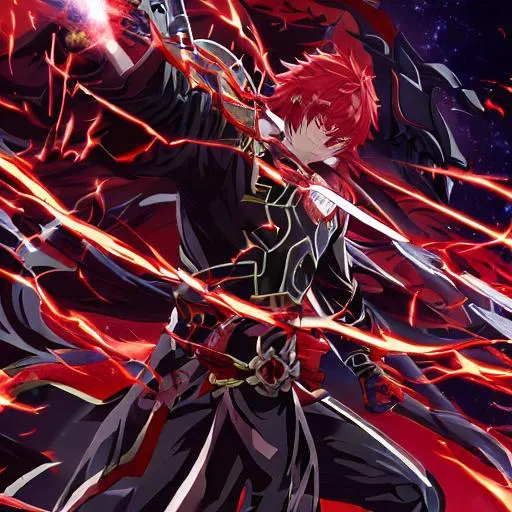 Prompt: (mega detailed) (4x+anime) Dark demon god standing, 10 feet tall, (red armor) (Black lightning blot imprint) black lightning skies. large sword in his hand, burning city behind