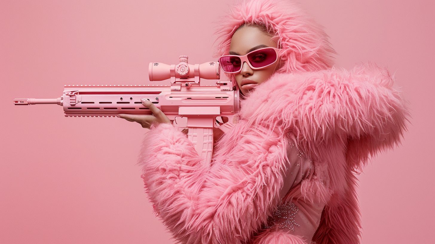 Prompt: high end pink fluffy fur supdermodels pose with pink fluffy fur weapons