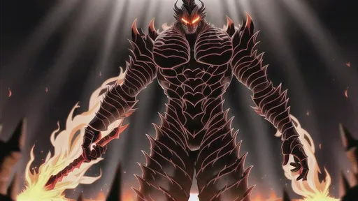 Prompt: Standing at over seven feet tall, Inferno is covered in dark, hardened lava that acts like an exoskeleton. His head resembles a demonic mask with horns, and his hollow hole is located at the center of his chest. His eyes glow with a fiery light, and cracks in his hardened lava skin reveal a burning interior. He wields a large, flame-engulfed broadsword.